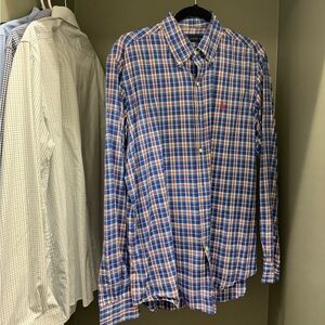 Red, blue and white checkered men’s dress shirt